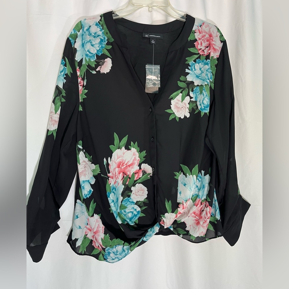 INC International Concepts Black Blouse with Floral Design